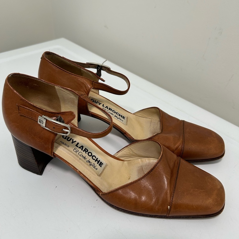 Guy Laroche Block Heel Ankle Strap Heels Brown Size 6.5 US 37 EU